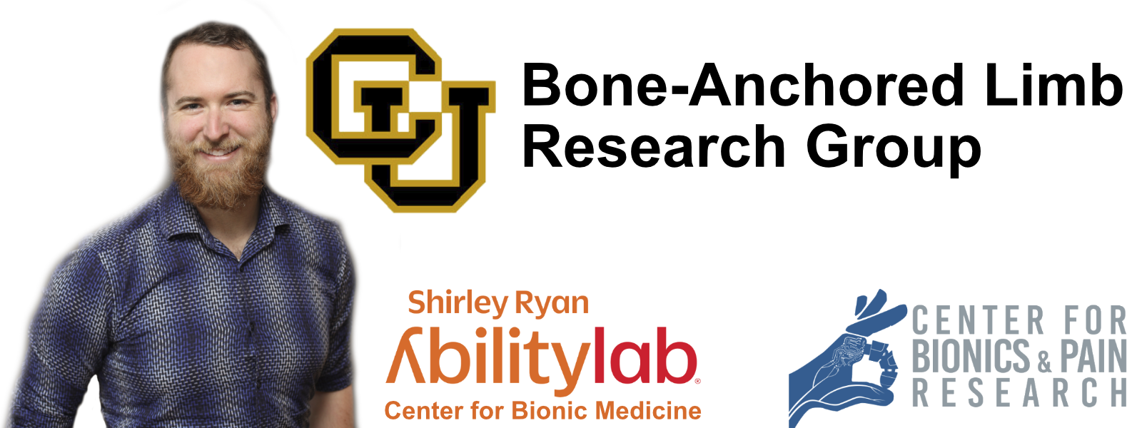A black-and-white header photo of me wearing a suit. To the left are the logos of the Shirley Ryan AbilityLab, Northwestern University, and Center for Bionics and Pain Research.