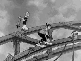 An black and white gif showing Popeye constructing steel girders